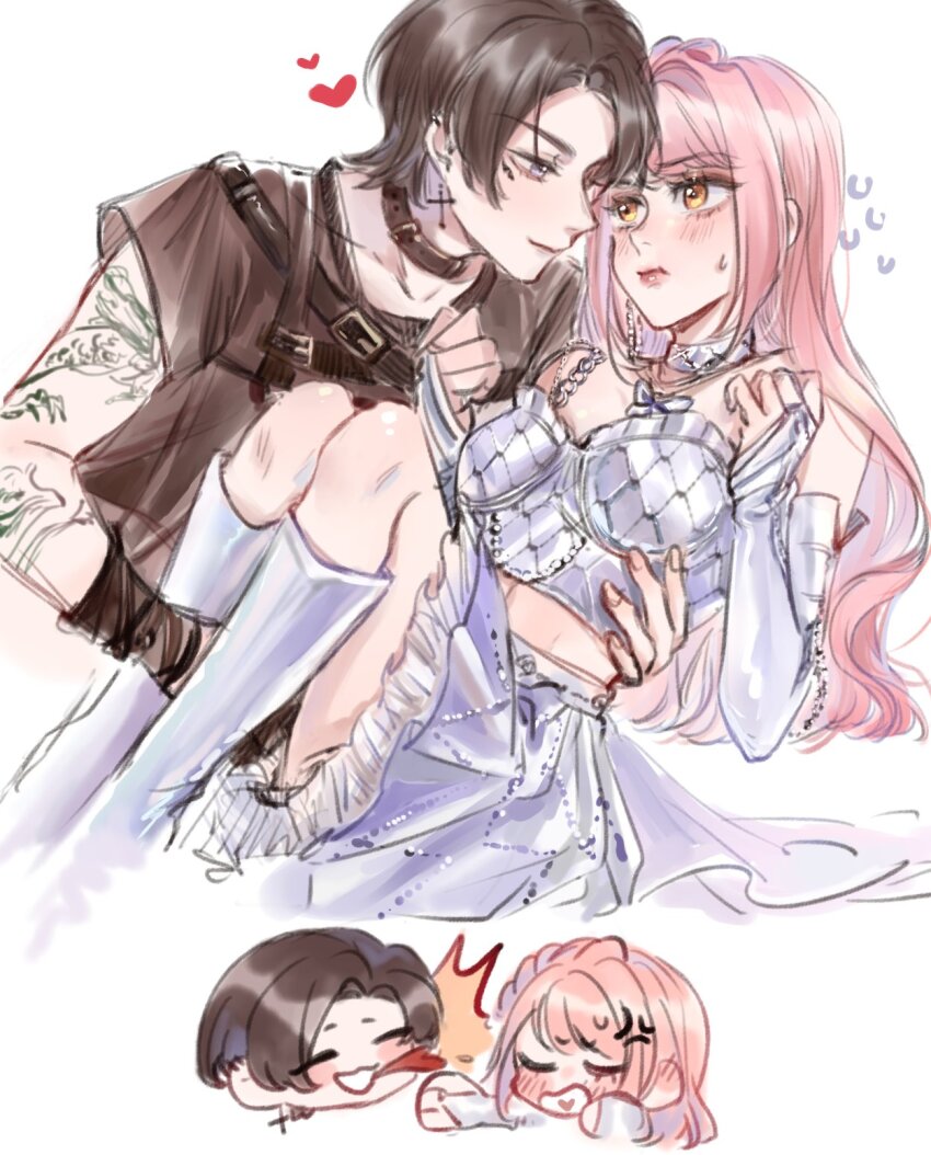 1boy, 1girl, ^^^, ^_^, anger_vein, arm_tattoo, bare_shoulders, belt