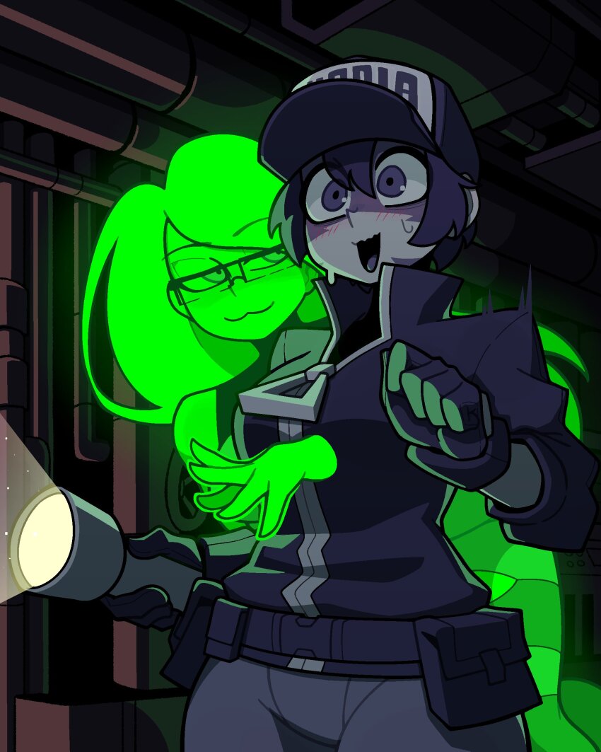 2girls, absurdres, awaria, baseball_cap, black_gloves, black_hair, black_jacket, blush, closed_mouth, colored_skin, flashlight, flashlight_beam, ghost_girl, glasses, gloves, glowing, green_skin, grey_pants, hair_between_eyes, hat, highres, holding, holding_flashlight, indoors, industrial_pipe, intangible, jacket, light_particles, long_hair, long_sleeves, muds, multiple_girls, naughty_face, open_mouth, pants, parted_bangs, purple_eyes, short_hair, smile, surprised, sweatdrop, through_person, ula_usterka, wavy_mouth, yuri, zipper_pull_tab, zofia_zmora