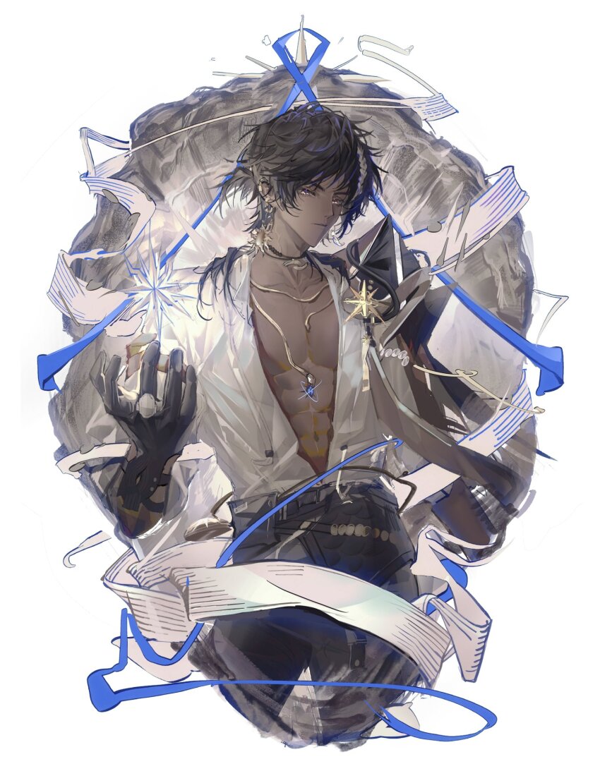 1boy, arknights, black_gloves, black_hair, black_pants, blue_ribbon, brooch, cropped_legs