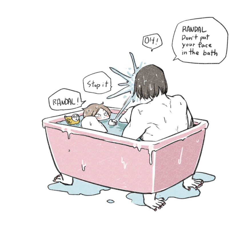 2boys, aged_down, bathtub, brothers, brown_hair, child, claw_foot_bathtub, commentary_request, english_text, full_body, in_bathtub, luther_von_ivory, male_focus, multiple_boys, nude, randal's_friends, randal_ivory, rubber_duck, same-sex_bathing, shared_bathing, short_hair, siblings, simple_background, sitting, splashing, tsukasa_(tsukasa_mimizuku), water, wet, white_background