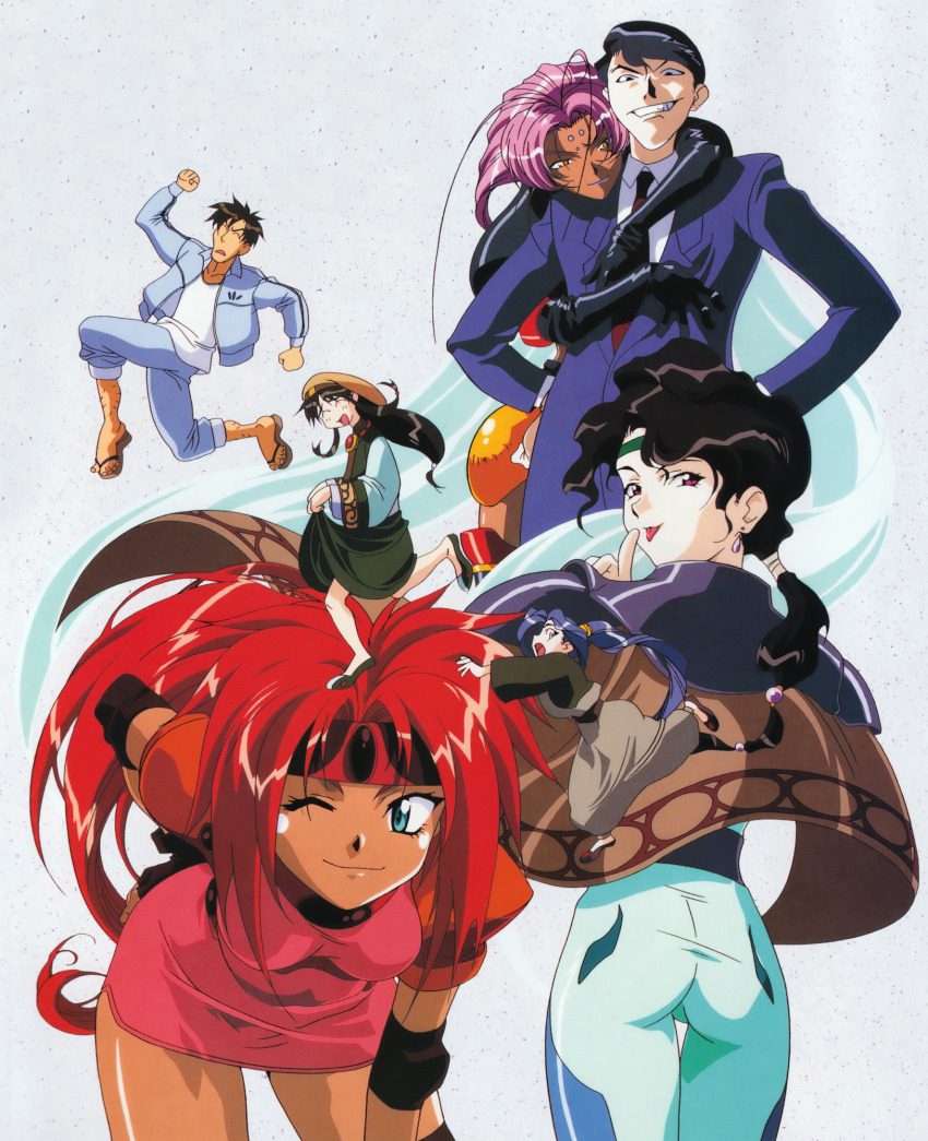 1990s_(style), 3boys, 4girls, afura_mann, alielle, antenna_hair, ass, black_eyes