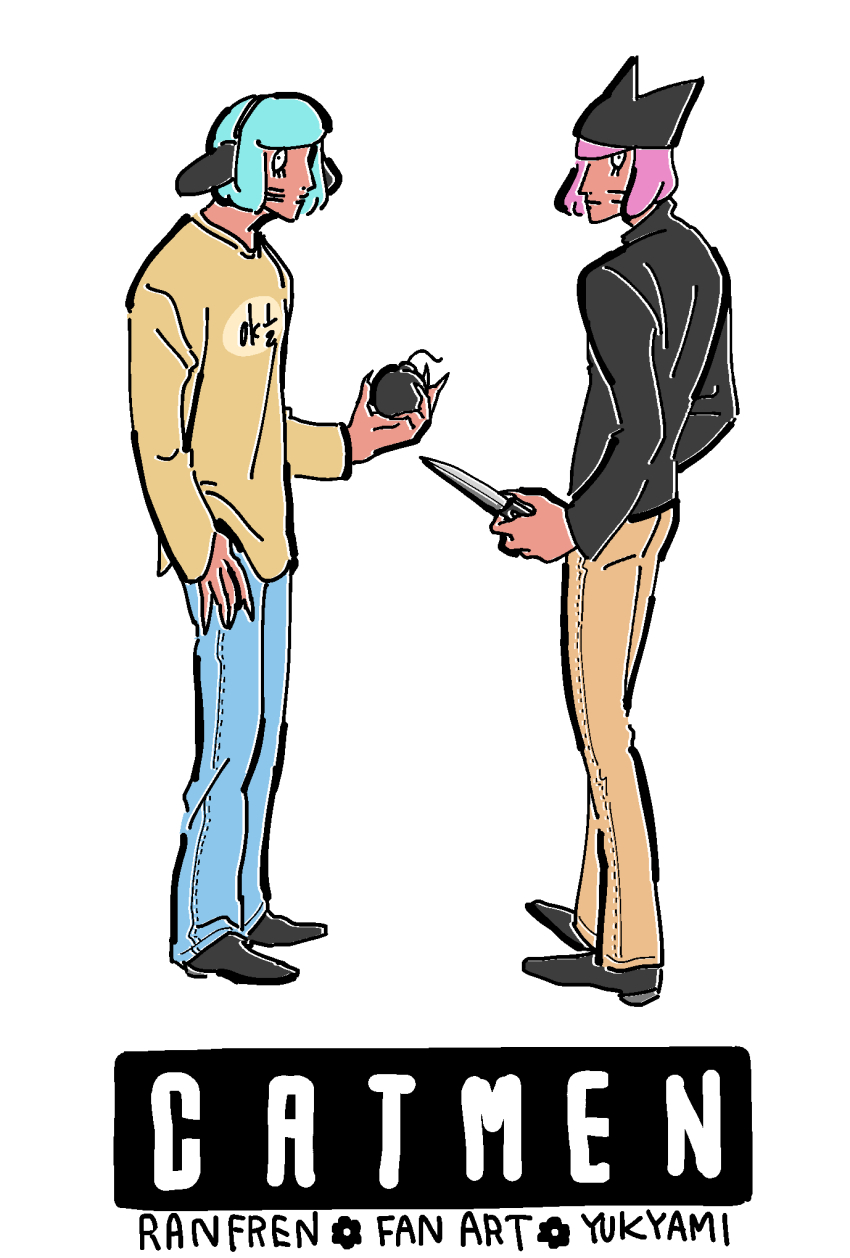 2boys, animal_hat, blue_hair, bomb, cat_hat, commentary_request, english_text, explosive