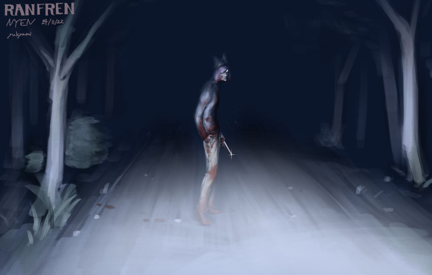 1boy, animal_hat, blood, blood_on_clothes, bloody_footprints, cat_hat, commentary_request, forest, full_body, hand_in_pocket, hat, highres, holding, holding_knife, knife, kyamiiiiiiiii, looking_at_viewer, male_focus, nature, night, nyen_(randal's_friends), outdoors, purple_hair, randal's_friends, road, short_hair, solo, standing