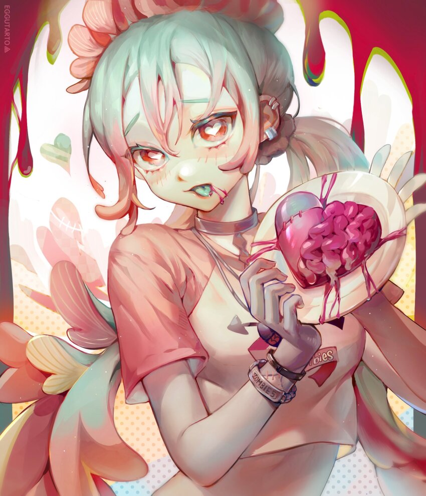 1girl, aqua_tongue, blood, blood_from_mouth, bracelet, brain, breasts, bright_pupils, choker, colored_eyelashes, colored_skin, colored_tips, commentary_request, crop_top, double-parted_bangs, ear_piercing, eggutarto, grey_choker, grey_hair, grey_skin, hair_between_eyes, hair_ornament, hair_scrunchie, hands_up, hatsune_miku, heart, heart-shaped_pupils, highres, holding, holding_plate, jewelry, long_hair, looking_at_viewer, low_twintails, medium_breasts, multicolored_hair, piercing, pink_blood, pink_hair, plate, raglan_sleeves, red_eyes, red_scrunchie, scrunchie, shirt, short_sleeves, simple_background, solo, stitched_face, stitches, symbol-shaped_pupils, tongue, tongue_out, twintails, two-tone_hair, upper_body, vocaloid, white_background, white_pupils, white_shirt, zombie_(vocaloid)