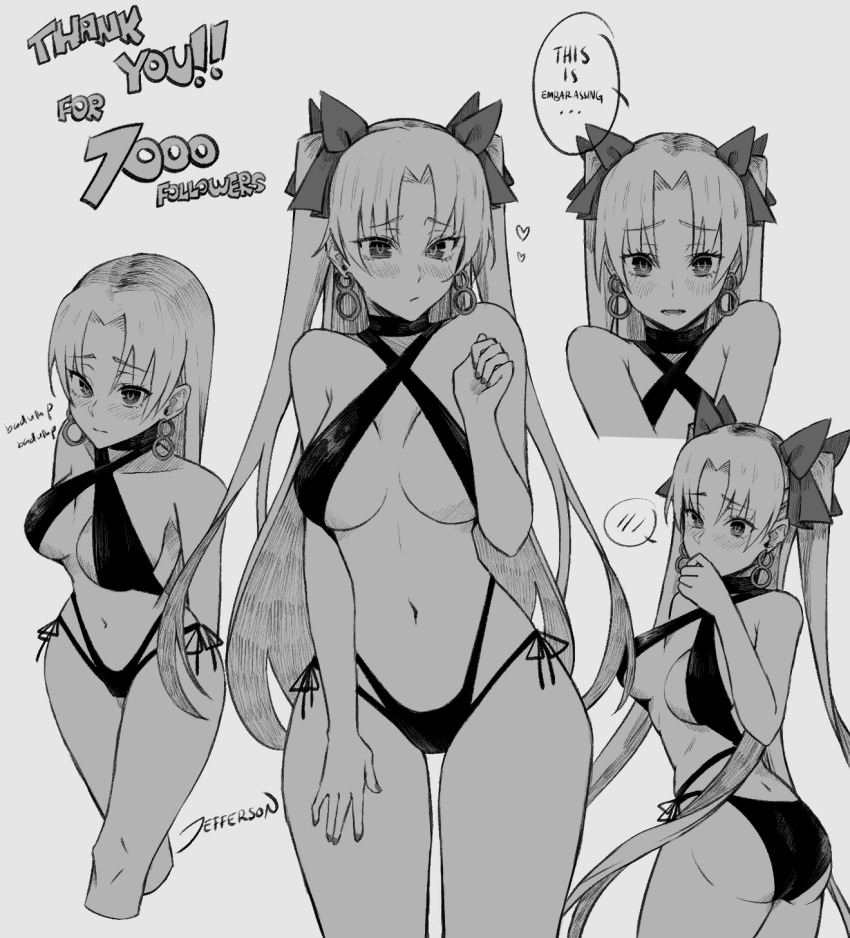 1girl, alternate_costume, ass, bikini, black_bikini, blush, breasts, earrings