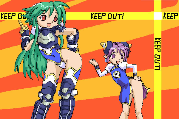 2girls, armor, broccoli_(company), brown_eyes, caution_tape, ga_rune_pose, galaxy_angel, galaxy_angel_rune, gloves, green_hair, keep_out, multiple_girls, oekaki, open_mouth, panties, parody, pink_bloom_miyabi, pointy_ears, polaris_(shinrabanshou), purple_eyes, purple_hair, red_eyes, shaofei_(shinrabanshou), shinrabanshou, smile, thighhighs, underwear