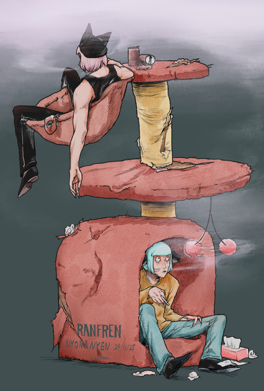 2boys, animal_hat, beer_can, black_tank_top, blue_hair, can, cat_hat, cat_house