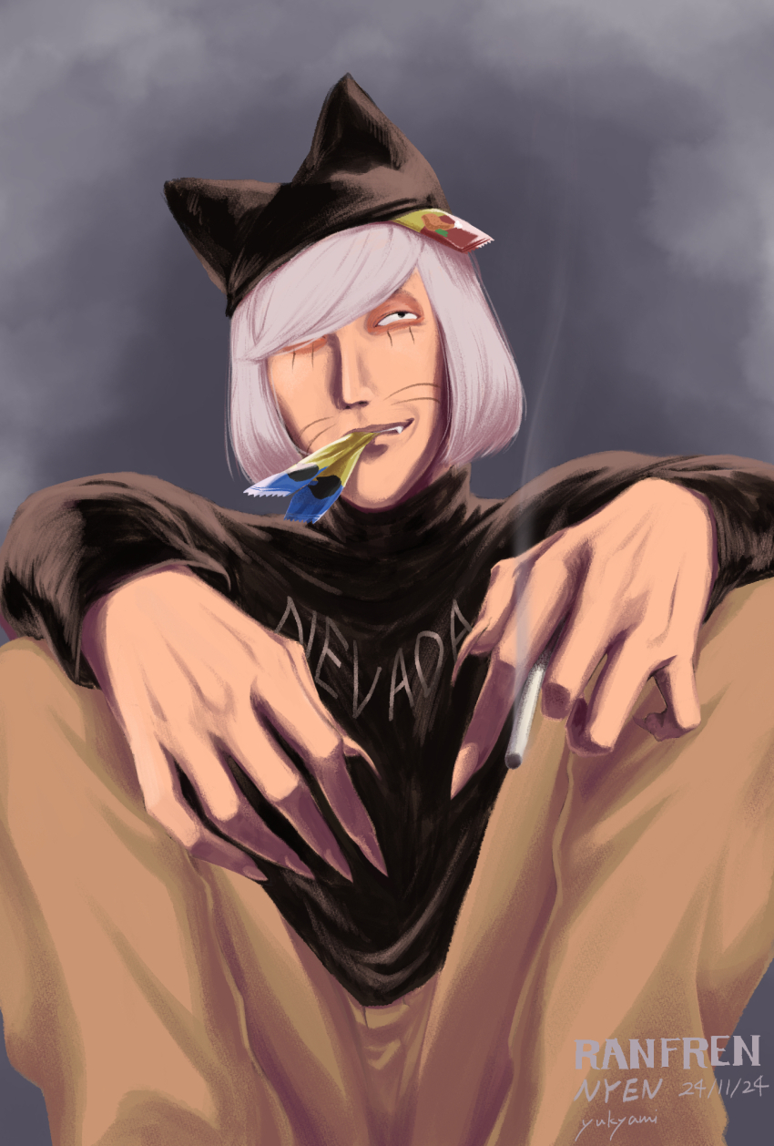 1boy, animal_hat, black_eyes, cat_hat, ciao_churu, cigarette, claws, commentary_request
