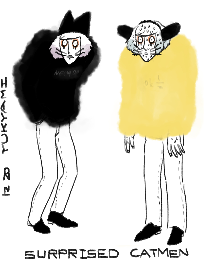 2boys, animal_hat, cat_hat, commentary_request, english_text, facial_mark, full_body, hand_in_pocket