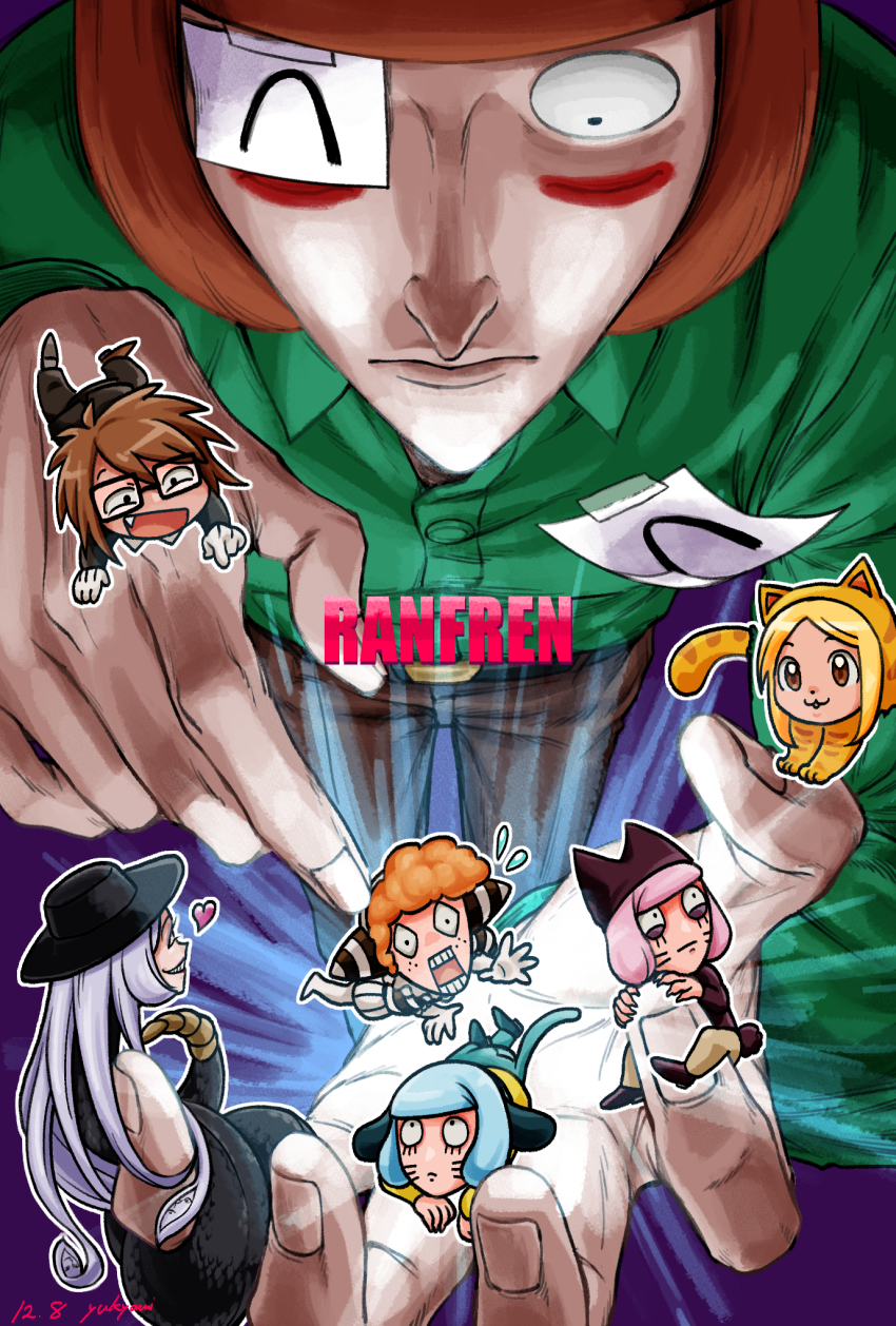 2girls, 5boys, animal_costume, animal_hat, black_eyes, blonde_hair, blue_hair, brown_hair, cat_boy, cat_costume, cat_hat, cat_tail, chibi, clown, commentary_request, cosplay, extra_eyes, green_shirt, hat, highres, human_head, in_palm, kigurumi, kitty_carpet_(randal's_friends), kyamiiiiiiiii, long_hair, luther_von_ivory, multiple_boys, multiple_girls, nana_(randal's_friends), nyen_(randal's_friends), nyon_(randal's_friends), orange_hair, pink_hair, purple_background, purple_hair, randal's_friends, randal_ivory, sebastian_de_tomato_smith_chicken_legs, shirt, short_hair, snake_girl, tail, taped_note