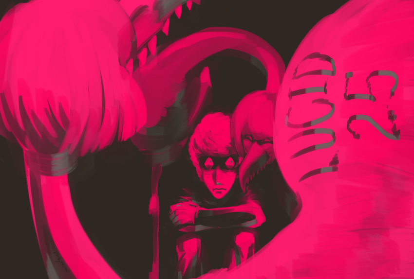 brown_background, commentary_request, crossed_arms, highres, knees_up, kyamiiiiiiiii, looking_at_another, monster