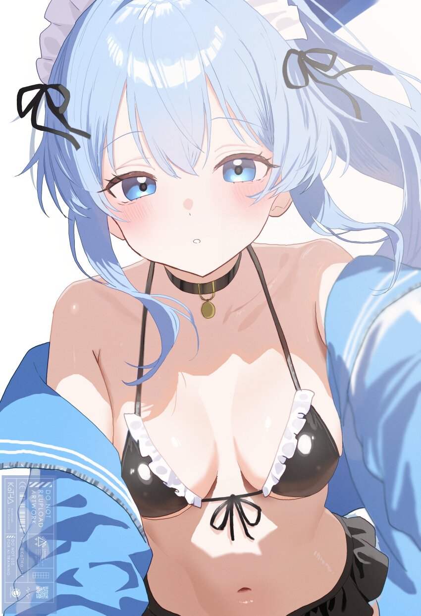 1girl, absurdres, anchor_(innocent_maid)_(nikke), anchor_(nikke), bare_shoulders, bikini, black_bikini, blue_eyes