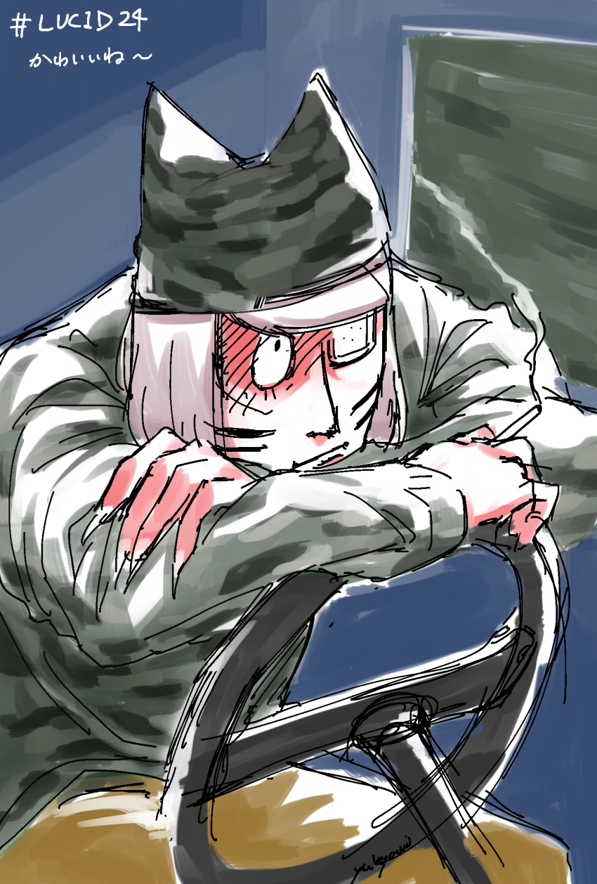 1boy, animal_hat, car_interior, cat_hat, cigarette, claws, commentary_request, eyepatch