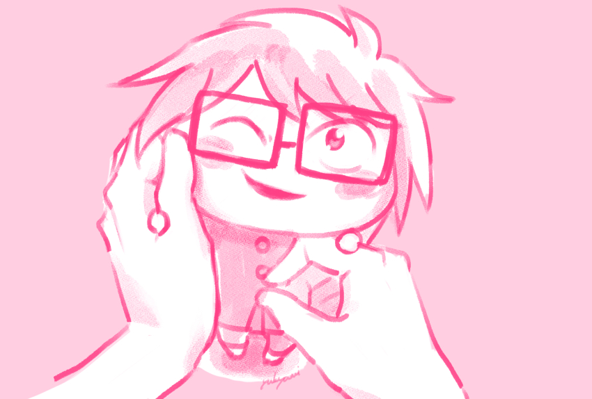 1boy, commentary_request, glasses, hand_on_another's_cheek, hand_on_another's_face, highres, kyamiiiiiiiii, looking_at_viewer, male_focus, mini_person, miniboy, one_eye_closed, pink_background, pink_theme, pov, randal's_friends, randal_ivory, short_hair, simple_background