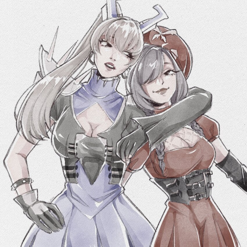 2girls, armor, belt, blonde_hair, braid, breasts, dress, gloves