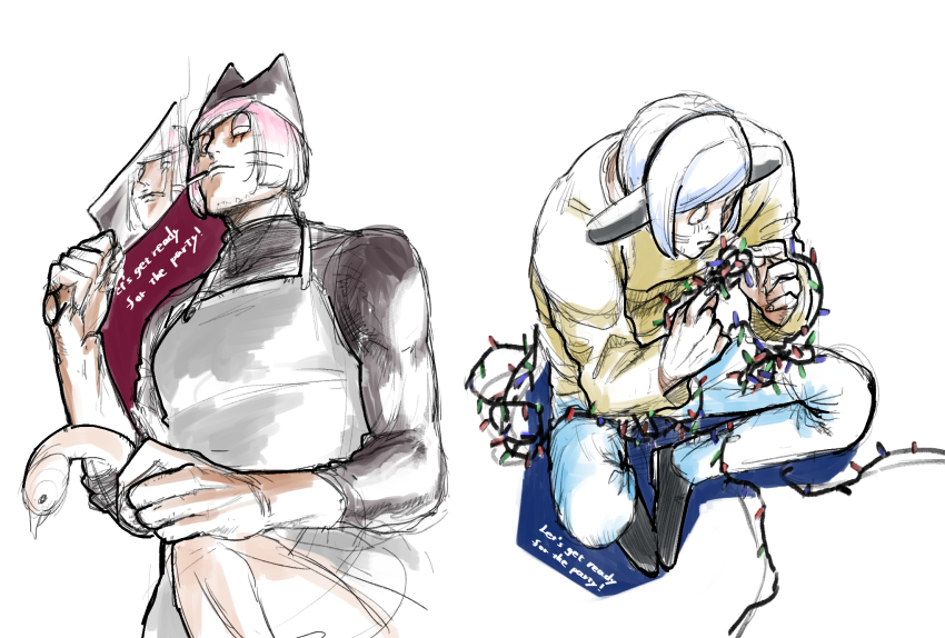 2boys, animal, animal_hat, apron, beard_stubble, bird, black_shirt, blue_hair