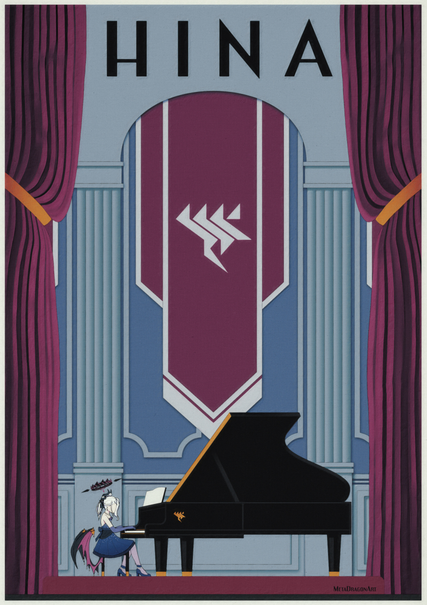1girl, absurdres, art_deco, blue_archive, border, character_name, curtains, demon_horns, demon_wings, dress, elbow_gloves, faceless, faceless_female, full_body, gloves, grand_piano, halo, highres, hina_(blue_archive), hina_(dress)_(blue_archive), horns, indoors, instrument, metadragonart, music, official_alternate_costume, piano, playing_instrument, playing_piano, purple_dress, purple_gloves, sitting, solo, white_border, wings