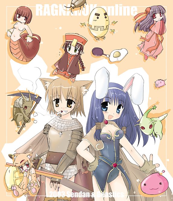 2000s_(style), 2003, 6+girls, :3, :d, animal_ears, armor, armored_skirt, artist_collaboration, baphomet_(ragnarok_online), bell, blonde_hair, blue_dress, blue_eyes, blue_hair, blush, breastplate, breasts, brown_cape, brown_eyes, brown_gloves, brown_hair, bug, cape, cat_ears, chainmail, chibi, chibi_inset, cigarette, commentary_request, copyright_name, cowboy_shot, dress, eggyra, fake_animal_ears, fingerless_gloves, fox_girl, fried_egg, frying_pan, gauntlets, gloves, gold_trim, grin, hanbok, holding, holding_scythe, holding_sword, holding_weapon, isis_(ragnarok_online), jiangshi, knight_(ragnarok_online), korean_clothes, lamia, long_hair, looking_at_viewer, magnolia_(ragnarok_online), mayuna_(beastics8823), medium_breasts, monster_girl, moonlight_flower, multiple_girls, munak, okosama_lunch_(sendan), open_mouth, petite_(ragnarok_online), piglet, pink_hanbok, poring, rabbit_ears, ragnarok_online, savage_babe, scythe, short_dress, short_hair, slime_(creature), smile, smoking, sohee, staff, sword, thief_bug, weapon, wizard_(ragnarok_online), yellow_eyes
