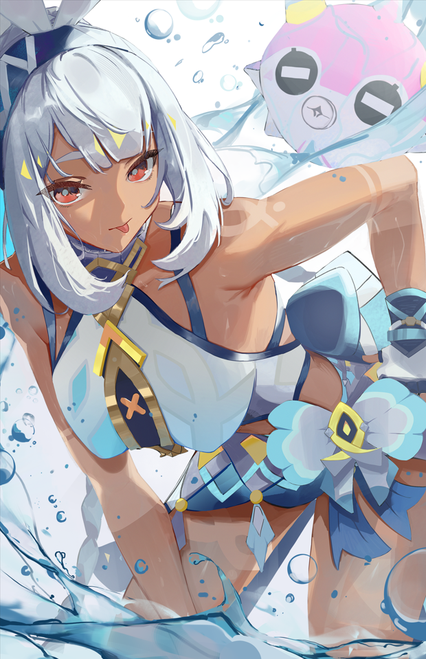 1girl, bare_shoulders, bent_over, blue_hair, blue_hairband, blue_pupils, braid, breasts