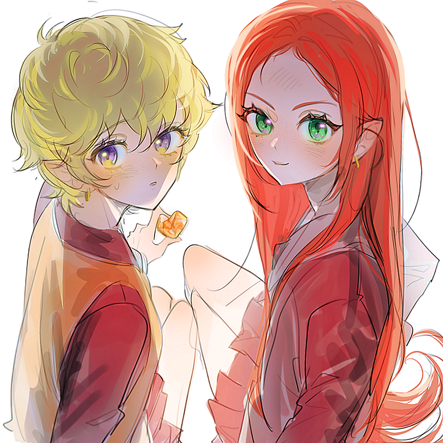 2girls, blonde_hair, blush, chocolat_meilleure, commentary_request, doisoe, earrings, hair_between_eyes