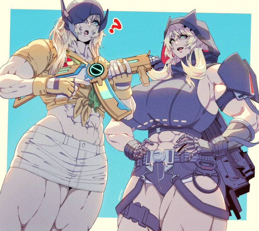 2girls, ?, abs, absurdres, arm_warmers, assault_rifle, bare_shoulders, barghest_(fate)