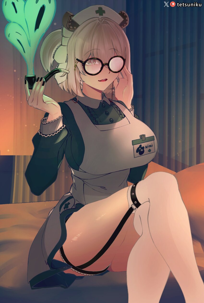 1girl, animal_ears, breasts, commentary, english_commentary, feet_out_of_frame, glasses, hair_between_eyes