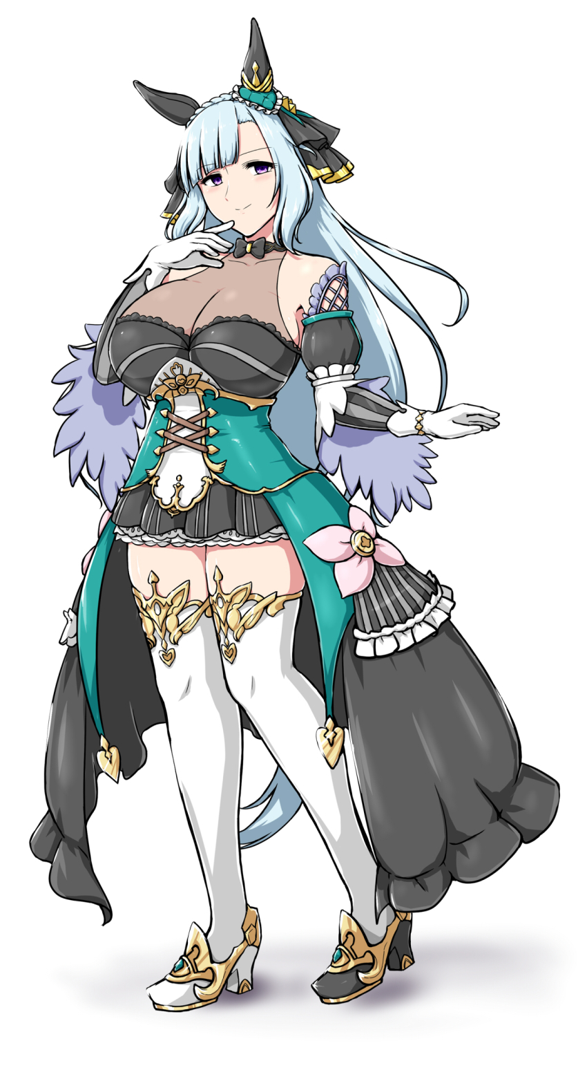 1girl, animal_ears, blue_hair, bow, bowtie, braid, breasts, cleavage