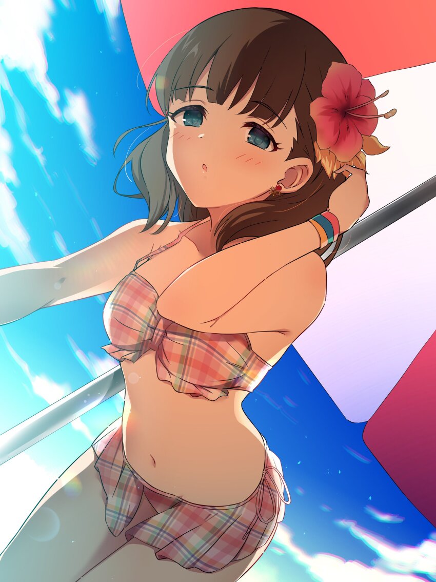 1girl, absurdres, beach_umbrella, bikini, blue_eyes, blue_sky, breasts, brown_hair