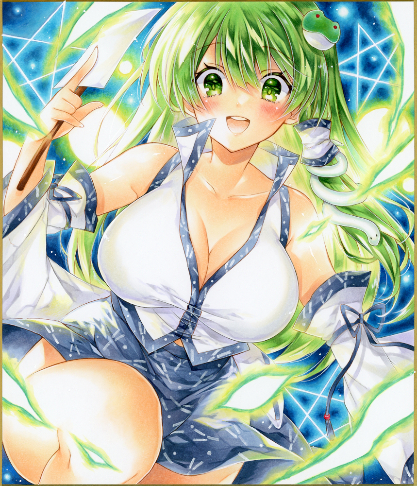 1girl, bare_shoulders, blue_skirt, blush, breasts, cleavage, collared_shirt, commentary_request