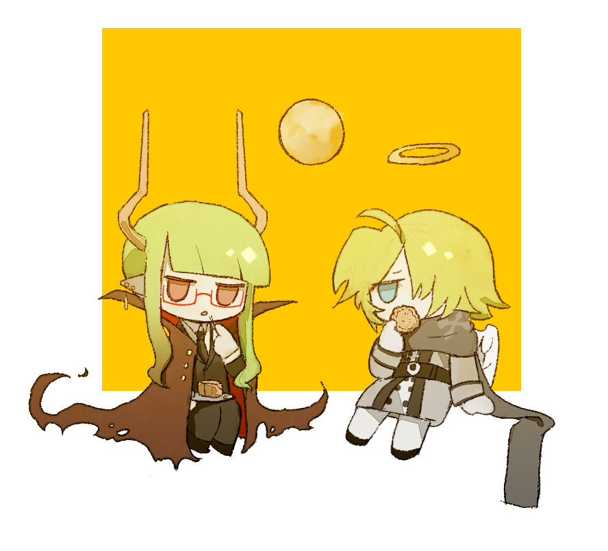 2boys, angel, cape, demon_boy, demon_horns, formal_clothes, funamusea, haiiro_teien