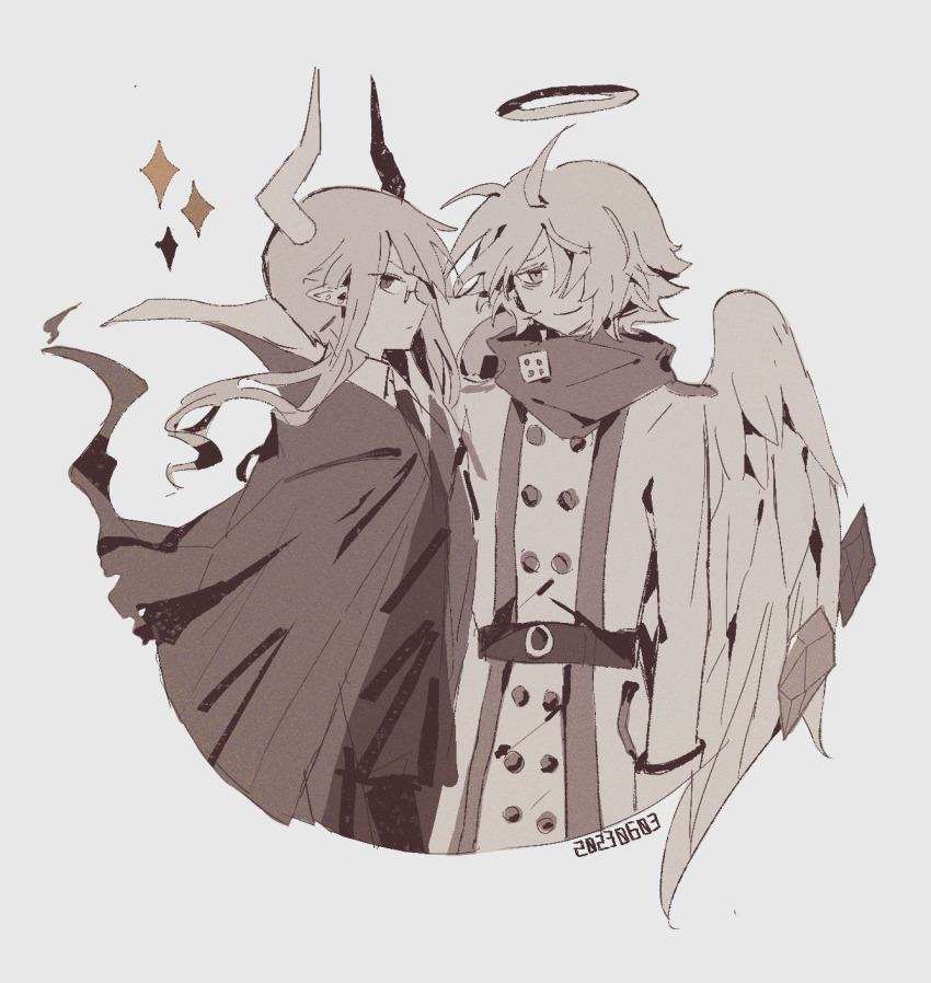 2boys, angel, cape, demon_boy, demon_horns, formal_clothes, funamusea, haiiro_teien
