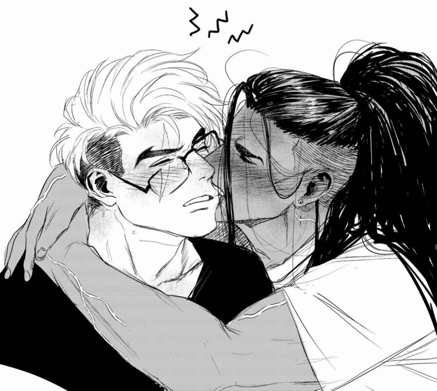 2boys, alsonotdon, alternate_hairstyle, arms_around_neck, bespectacled, biting, biting_cheek, blush