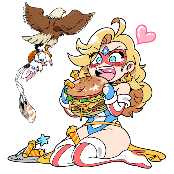 1girl, bald_eagle, bird, blonde_hair, breasts, burger, candle, eagle, earrings, eating, eye_mask, food, heart, holding, holding_burger, holding_food, jewelry, kafun, kamen_america, kamen_america_(comic), leotard, long_hair, looking_at_food, mask, parachute, rabbit, seiza, simple_background, sitting, star_(symbol), star_earrings, star_in_mouth, superhero_costume, teeth, tray, u.s.a.-g.i., upper_teeth_only, white_background