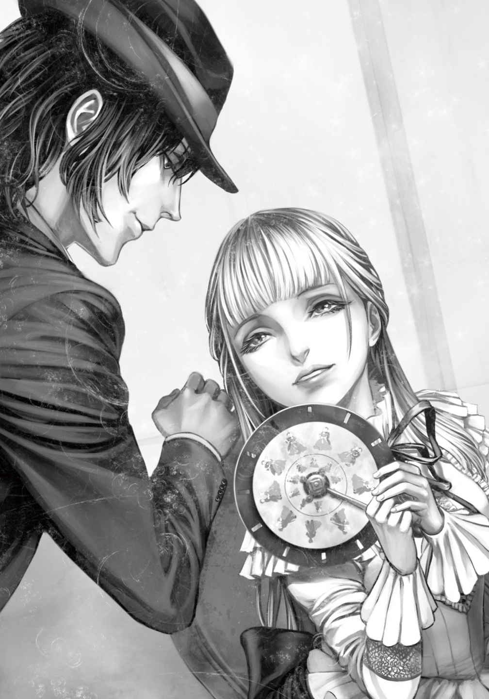 1boy, 1girl, blunt_bangs, chair, eye_contact, fata_morgana_no_yakata, fedora, formal_clothes