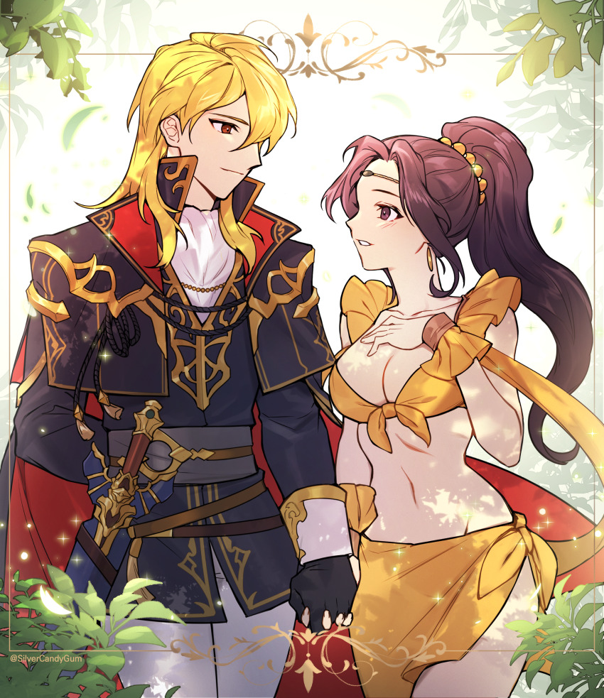 1boy, 1girl, ares_(fire_emblem), arm_behind_back, ascot, belt, black_cape, black_coat