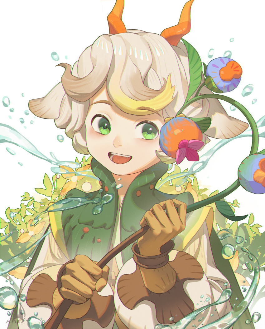 1boy, absurdres, afk_(series), afk_journey, brown_gloves, cape, damian_(afk), gloves, green_cape, green_eyes, highres, holding, holding_plant, holding_staff, horns, kaizy, looking_at_object, male_focus, multicolored_hair, open_mouth, plant, shirt, smile, staff, streaked_hair, upper_body, water, white_background, white_hair, white_shirt