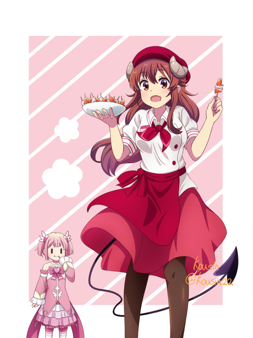 2girls, absurdres, apron, artist_name, bare_shoulders, border, bow, breasts