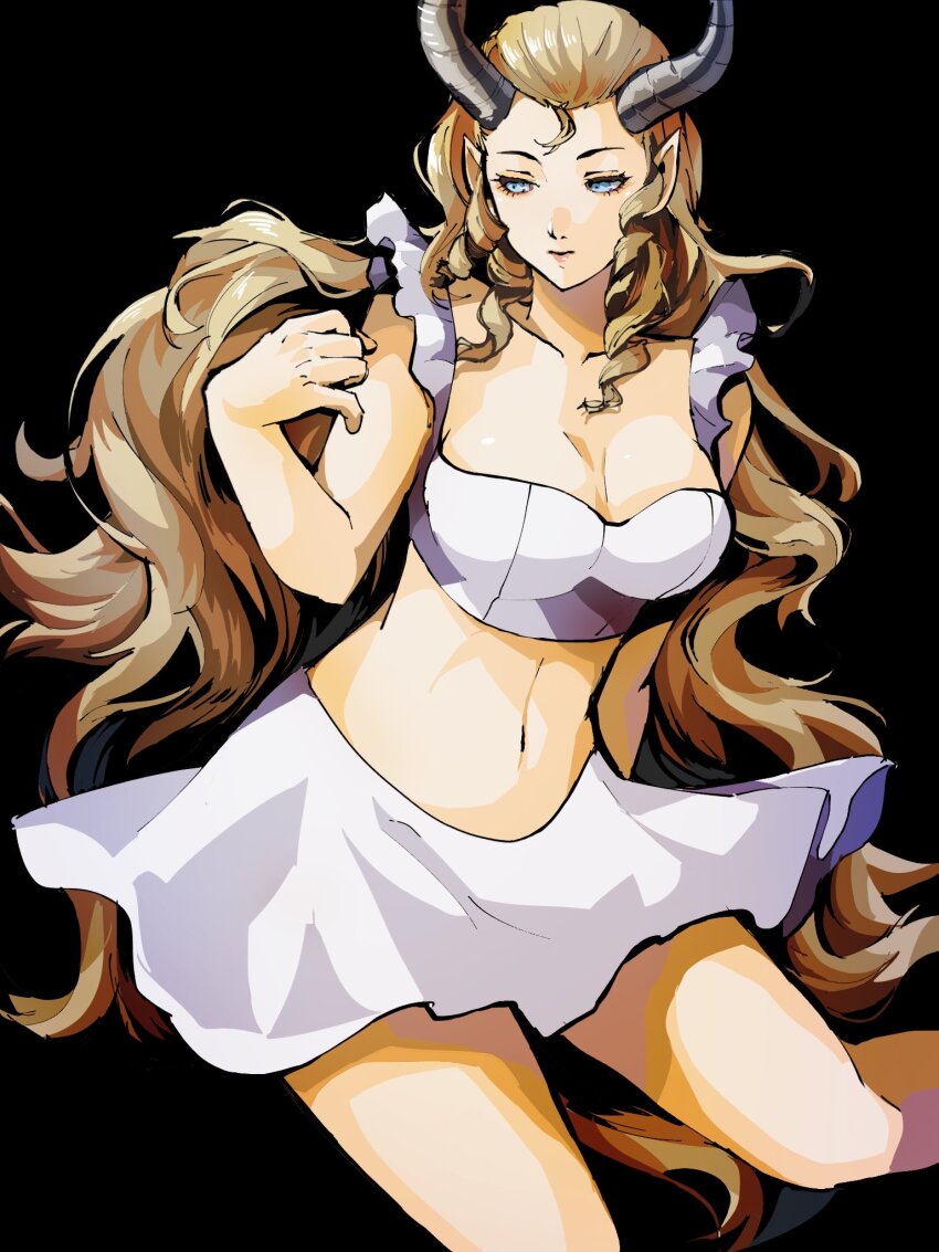 1girl, 4me3ba_niku, black_background, blonde_hair, blue_eyes, breasts, closed_mouth, collarbone