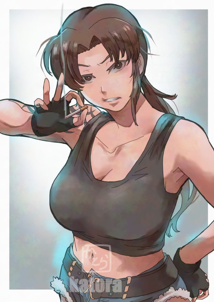 1girl, artist_name, black_lagoon, breasts, brown_eyes, brown_hair, cigarette, denim, denim_shorts, fingerless_gloves, gloves, hand_on_own_hip, highres, katoramann, large_breasts, legs, looking_at_viewer, midriff, navel, parted_lips, ponytail, revy_(black_lagoon), short_shorts, shorts, smoking, solo, tank_top, tattoo, teeth, thighs, toned, weapon