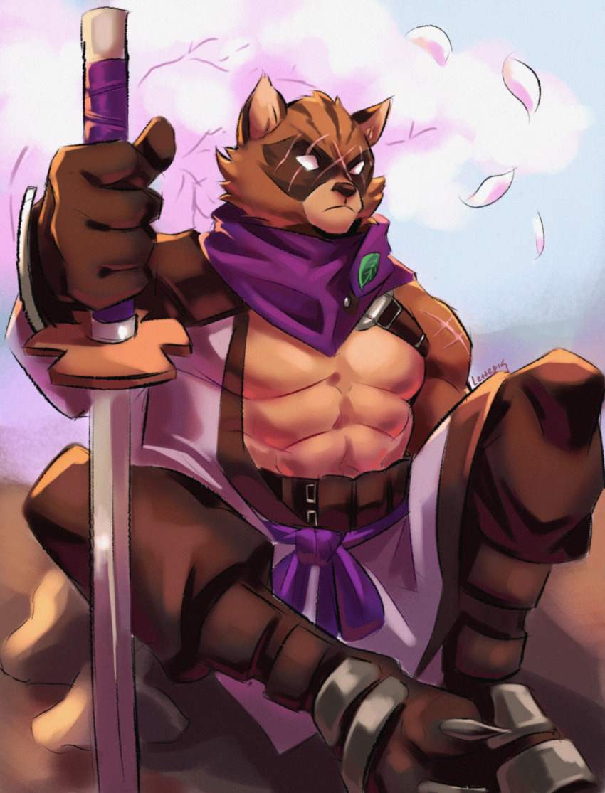 1boy, abs, animal_ears, artist_name, cherry_blossoms, claws, closed_mouth, commentary