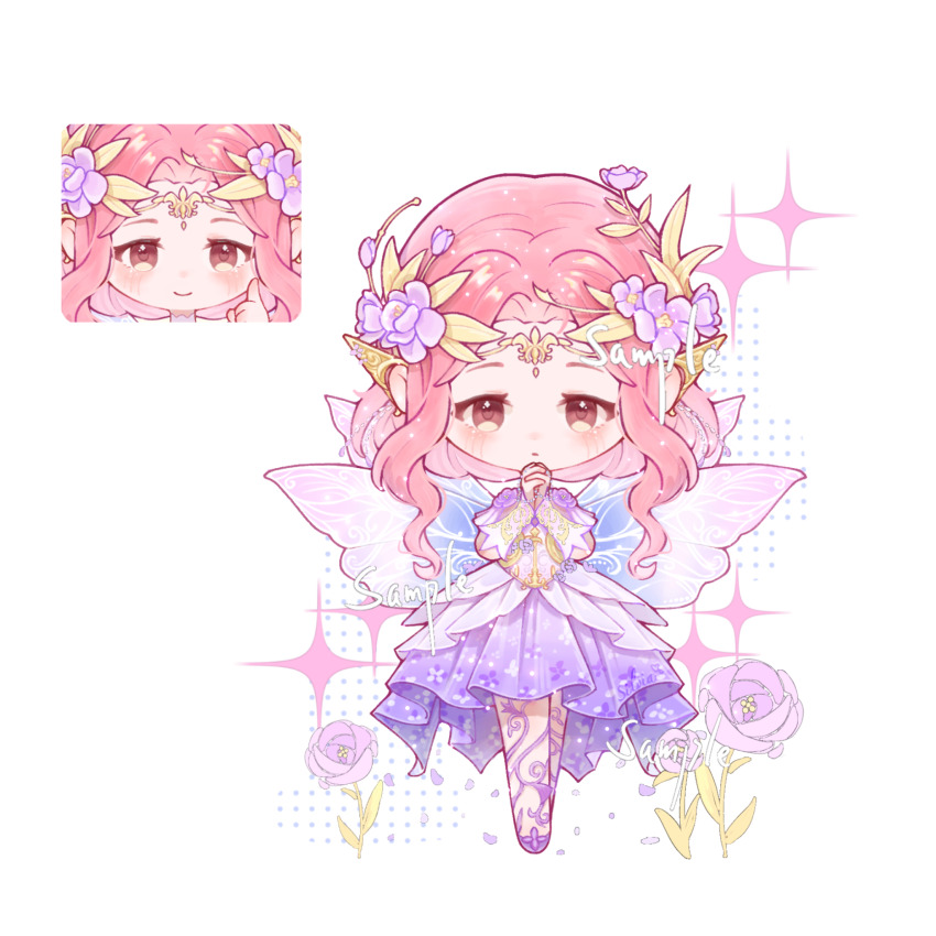 1girl, ayayayai, blooming_dreams_(infinity_nikki), brown_eyes, chibi, chinese_commentary, circlet, close-up