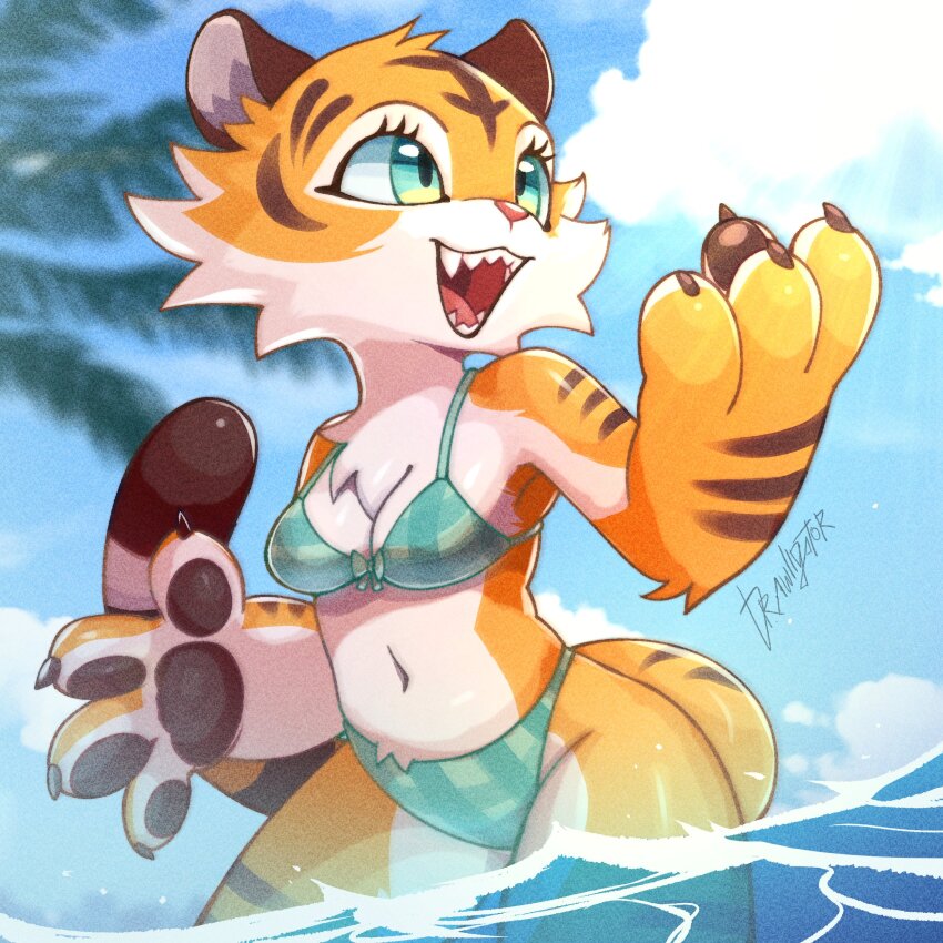 1girl, :d, animal_ears, animal_hands, animal_print, aqua_bikini, aqua_eyes, aura_(drawligator)