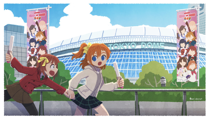 2girls, amami_haruka, blue_eyes, blue_sky, border, bow, brown_hair, brown_skirt