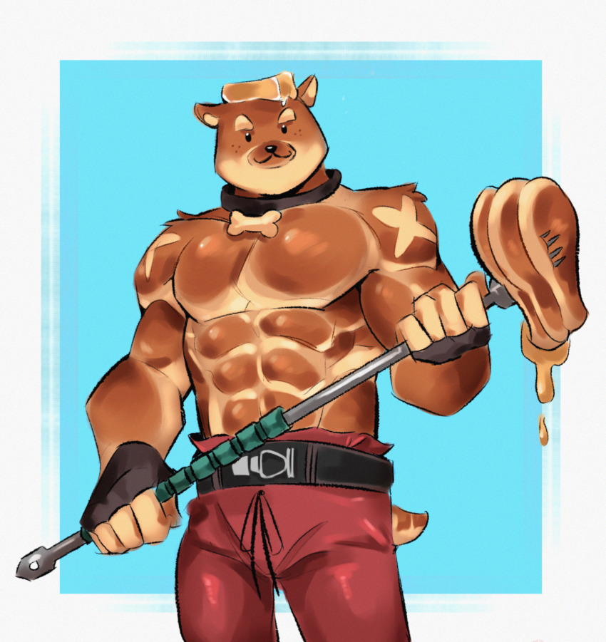 1boy, abs, animal_ears, bara, black_gloves, closed_mouth, collar, commentary, cross_scar, dog_boy, dog_ears, dog_tail, doughberman_(fortnite), english_commentary, fingerless_gloves, food, fortnite, furry, furry_male, gloves, highres, holding, holding_weapon, lettegisgisgis, looking_at_viewer, male_focus, maple_syrup, muscular, muscular_male, pancake, pants, pectorals, red_pants, scar, scar_on_shoulder, smile, tail, topless_male, weapon