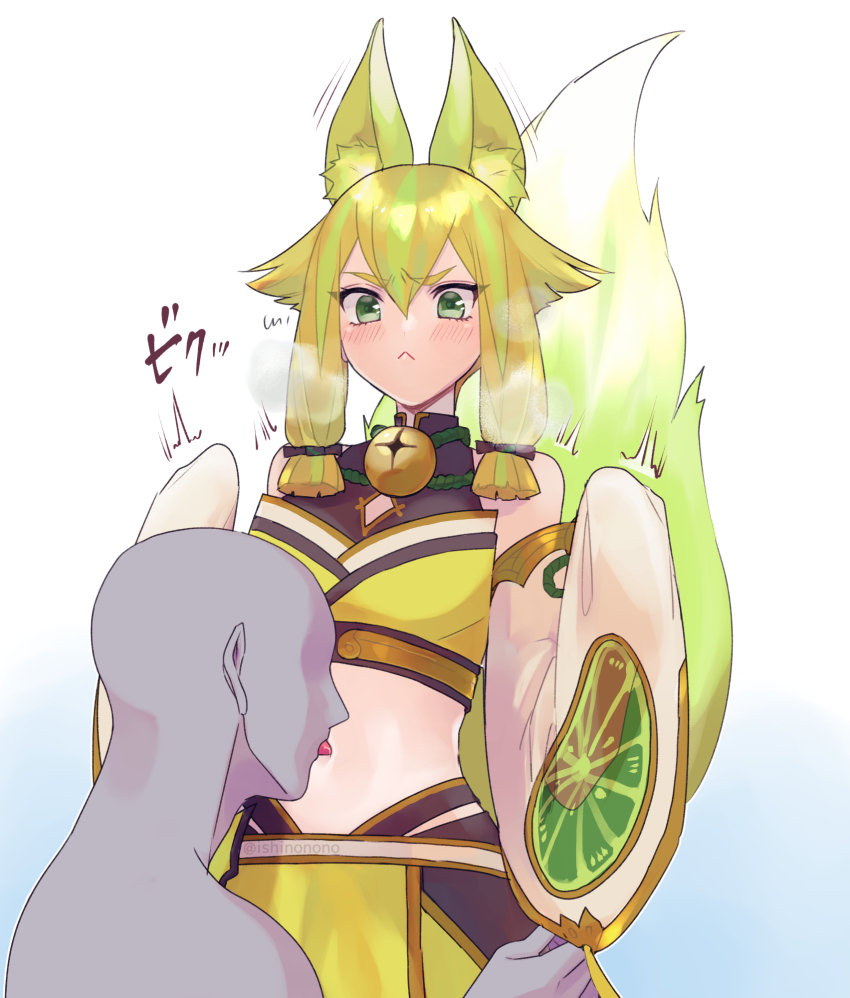 1girl, 1other, :<, animal_ear_fluff, animal_ears, bare_shoulders, bell, blonde_hair