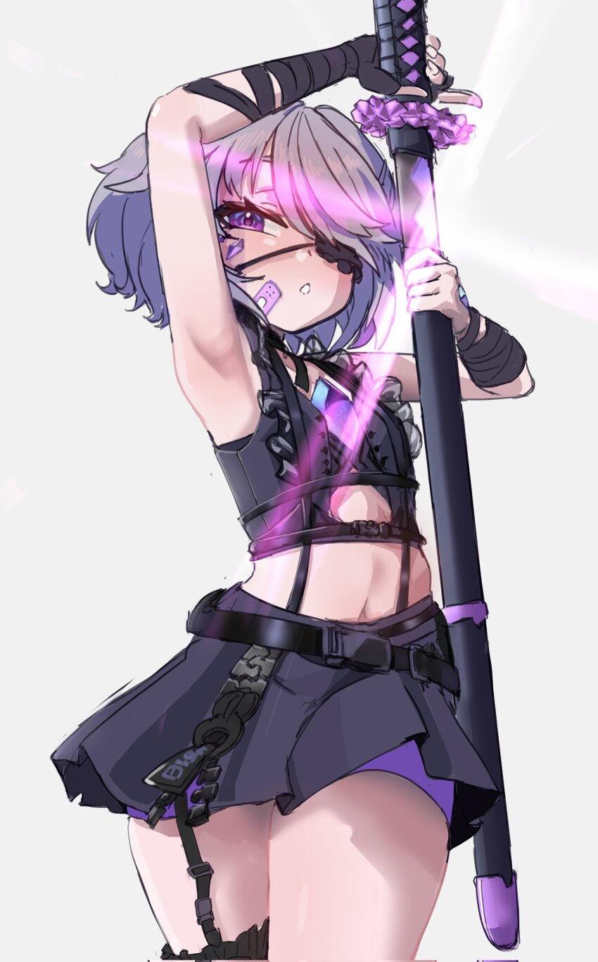 1girl, bandaid, bandaid_on_face, bandaid_on_nose, black_skirt, chest_jewel, drawing_sword, gem