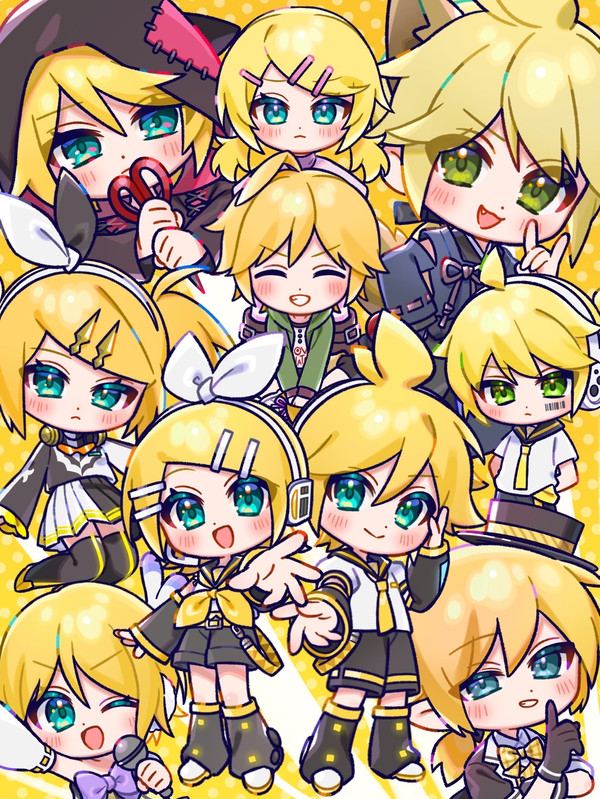 1boy, 1girl, ahoge, aqua_eyes, blonde_hair, bow, kagamine_rin_(cheerful_candy), chibi