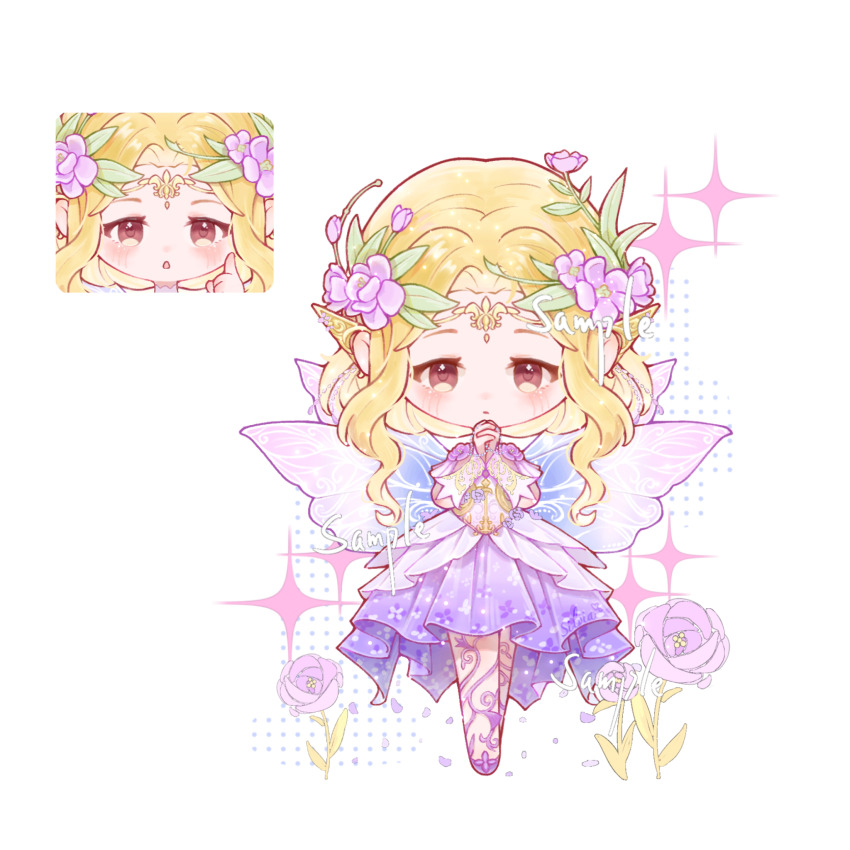 1girl, :o, ayayayai, blonde_hair, blooming_dreams_(infinity_nikki), brown_eyes, chibi, chinese_commentary, circlet, close-up, commentary_request, commission, dress, eyelashes, fairy_wings, finger_to_cheek, floral_print, flower, gold_circlet, gown, hair_flower, hair_ornament, halftone, highres, infinity_nikki, interlocked_fingers, light_blush, long_dress, nikki_(series), open_mouth, own_hands_clasped, own_hands_together, parted_lips, petals, pleated_dress, pointy_ears, praying, procreate_(medium), purple_dress, purple_flower, purple_shoes, purple_wings, purple_wrist_cuffs, sample_watermark, shoes, short_hair_with_long_locks, sidelocks, solo, sparkle, standing, straight-on, watermark, wavy_hair, white_background, wings, wrist_cuffs