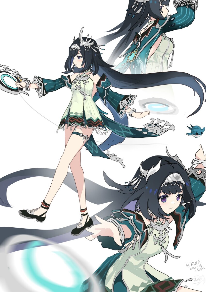 1girl, aqua_bird, bare_shoulders, bird, bird_hair_ornament, black_hair, bracelet, breasts