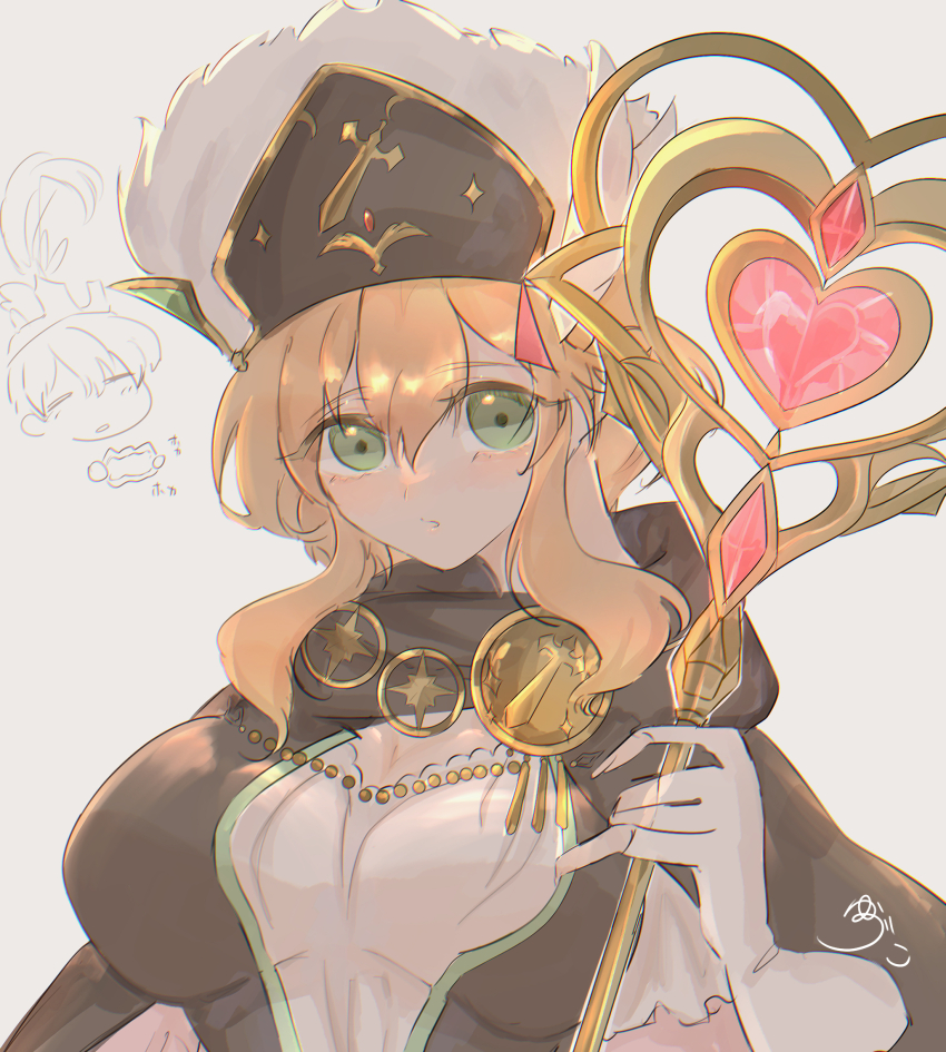 1boy, 1girl, alternate_breast_size, black_cape, black_hat, black_scarf, blonde_hair, breasts